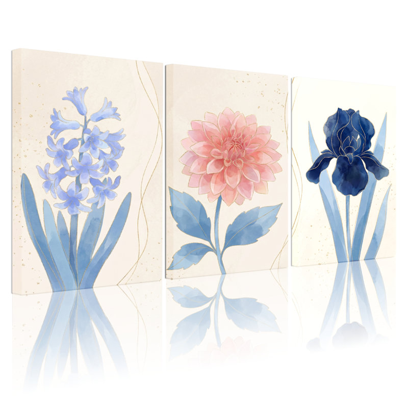 Ensemble de 3 tableaux muraux sur toile tendue, motif floral : jacinthe bleue, dahlia rose et iris marine, H 30 po x l 60 po