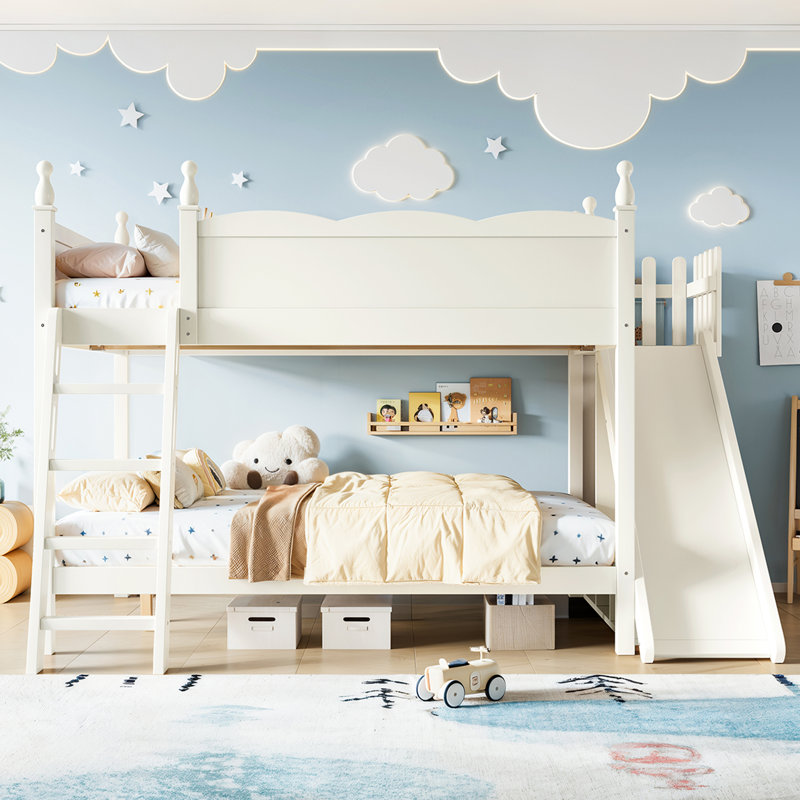Lit superposé double en bois massif avec glissade, échelles et tablettes de rangement, lit superposé pour enfant, beige