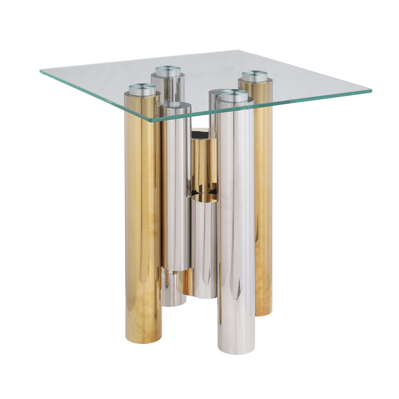 Table de bout carrée en acier inoxydable pour salon - table de centre moderne et élégante de 20 po avec verre trempé transparent