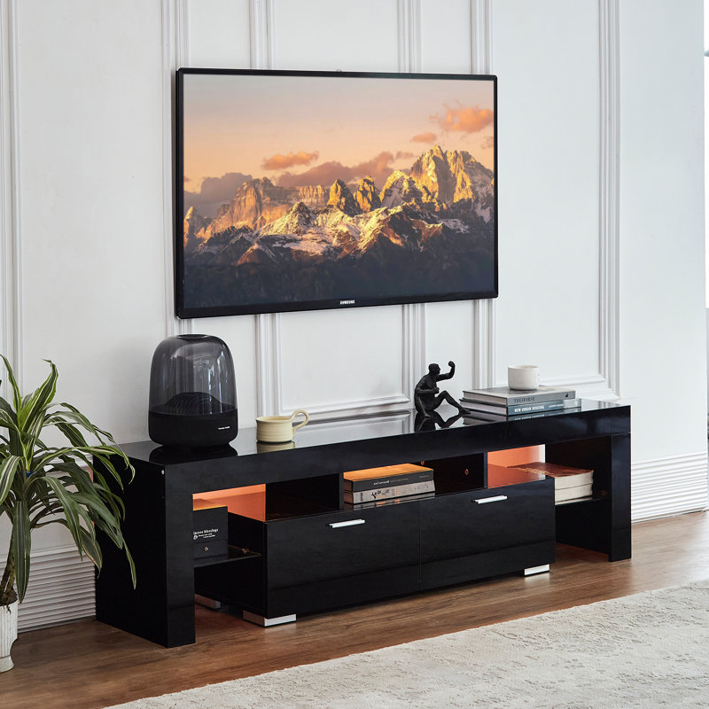 Meuble télé 63 po pour téléviseur de 75 po ou moins, console multimédia moderne avec lumière DEL RVB, Noir