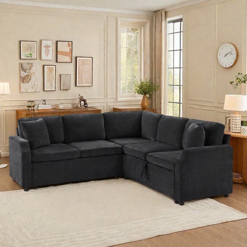 L-shaped Sectional Sofa With Hidden Storage Compartment, Black Chenille