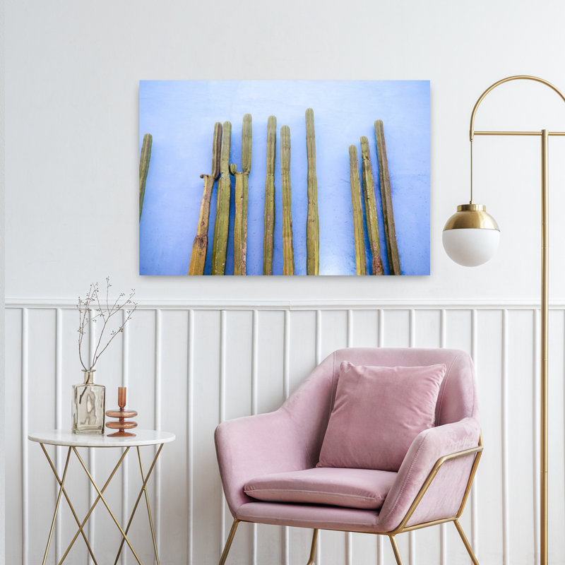 Tall Cacti on Blue | Oaxaca Mexico Travel Colorful Abstract Contemporary Cactus City Landscape Wall Art Print 1 Piece Wrapped Canvas Wall Art