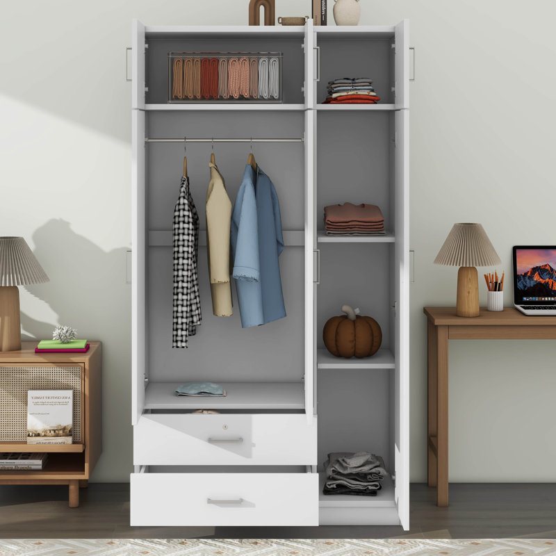 Armoire 6 portes avec miroir et tiroirs verrouillables, Blanc