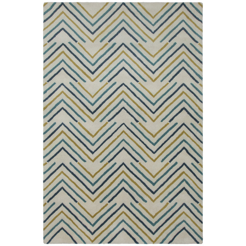Tapis moderne en laine à motif de chevrons blanc cassé, jaune et bleu Ailey Authentic, 5 pi x 7 pi 6 po