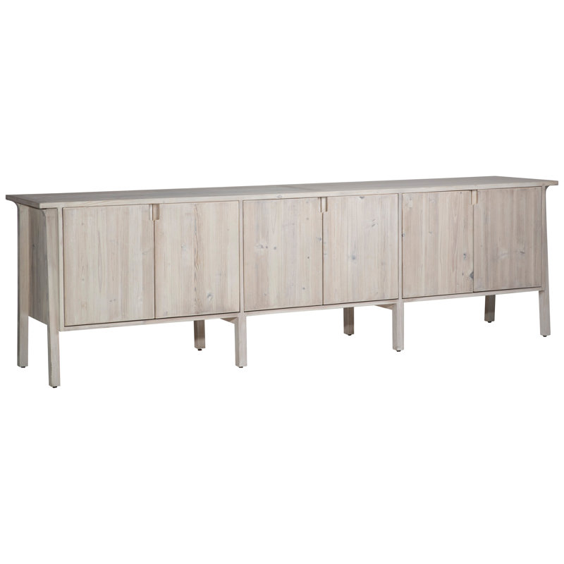 Torre 109-Inch Reclaimed Pine And Elm Mid-Century Styled 4-Door Sideboard, Light Grey Finish