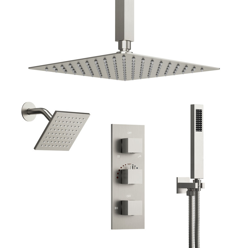 Système de pomme de douche double thermostatique au plafond, robinet de douche à pluie haute pression 12 po avec douchette