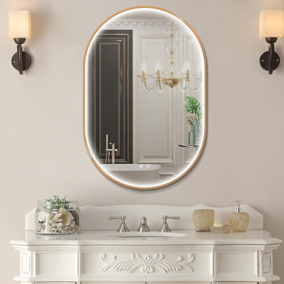 Miroir de salle de bain ovale doré à DEL 91 x 61 cm (36 x 24 po) - Miroir de courtoisie rétroéclairé avec traitement antibuée et éclairage à intensité variable en 3 couleurs