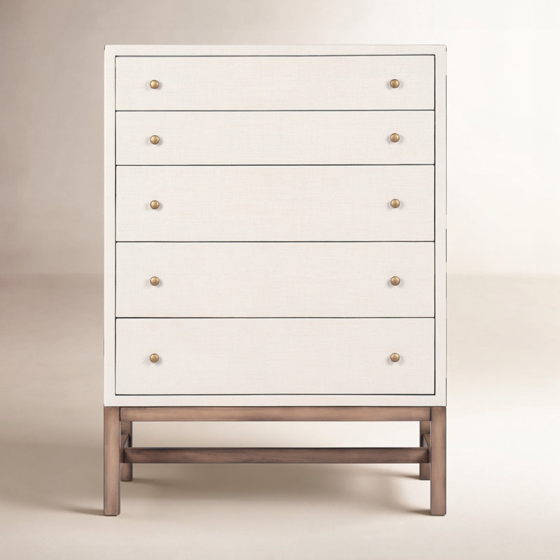 Fiona 5 - Drawer Solid Wood Dresser, Ivory Painted Raffia