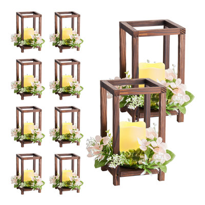 10-Piece Rustic Wooden Lantern Centerpiece Set with Flameless LED Candles & Champagne Floral Wreaths for Wedding Aisle, Farmhouse Table Decor