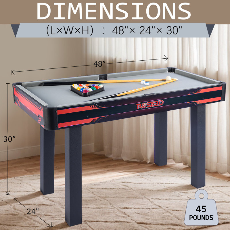 ROSEED 48" Complete Set Pool Table, Compact Size with Premium Velvet Tabletop and Solid Cue Sticks