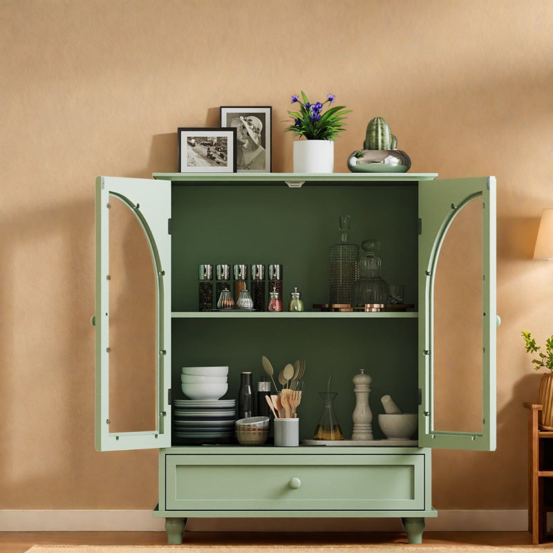 Buffets et buffets verts en verre arqué, rangement en panneau de fibres à densité moyenne pour la cuisine