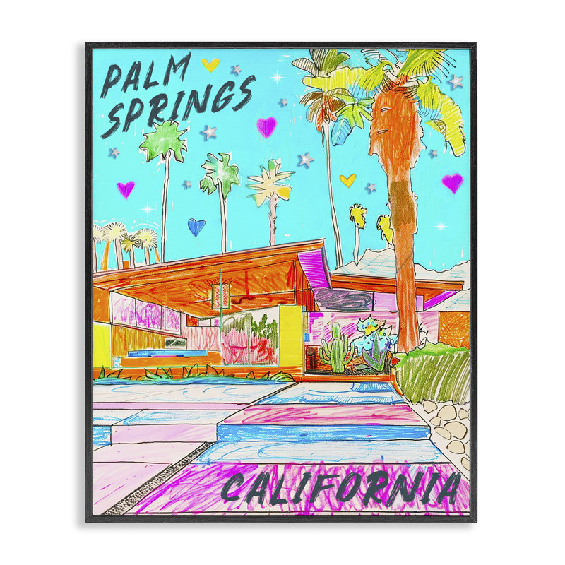 «Palm Springs Villa Doodle», estampe numérique par Jess Stempel, H 14 po x l 11 po, Giclée encadrée noir minuit
