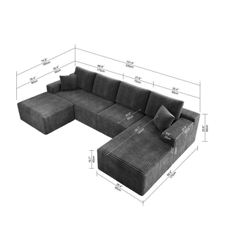 Canapé modulaire moelleux en velours côtelé gris, conception modulaire pour le salon et la chambre à coucher