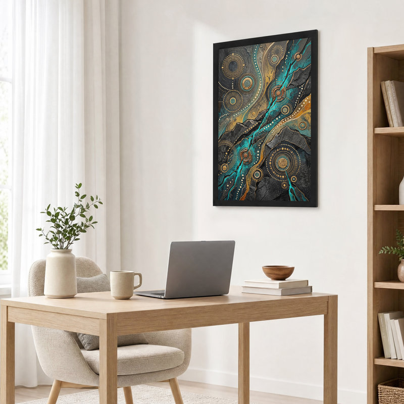Tableau sur toile à motif de cercles abstraits turquoise et or, 30"H x 20"W