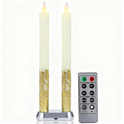 Rechargeable Flameless Candle with Remote Timer, 3D Moving Flame Real Wax Led Candles (Includes Remote Control, Charging Base, and USB Cable) (Rech-2Taper-Ivory Gold Leaf, 9in
