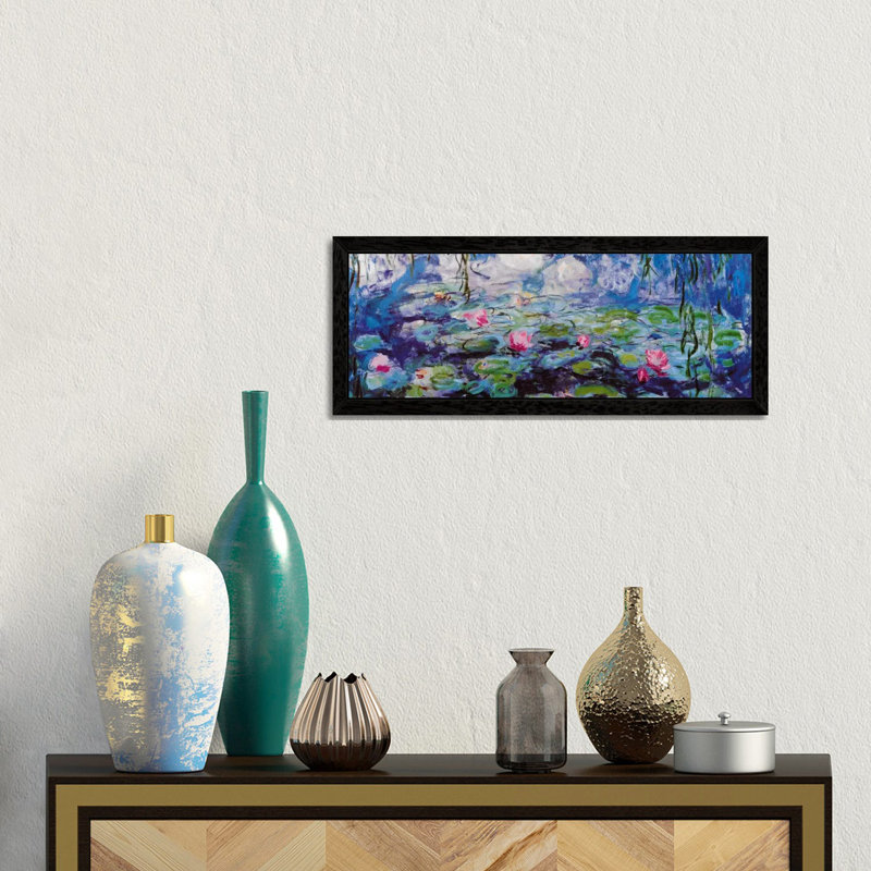 Nympheas by Claude Monet - Panoramic Painting on Canvas, 30.48 cm H x 91.44 cm W, Black Framed