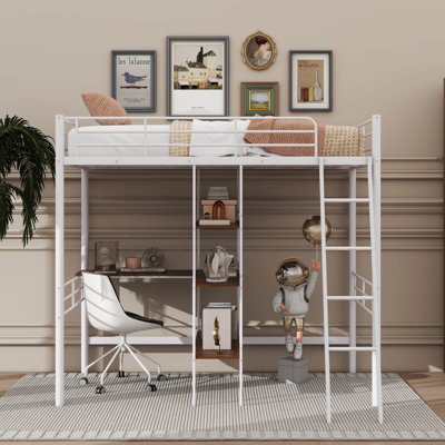 A TwinSized Metal Loft Bed With A BuiltIn Desk And Shelves For Added Functionality And Convenience