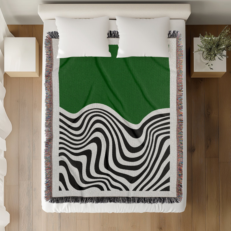 Jeté en mélange de coton Acor, L 60 po x l 50 po, Vert / blanc cassé
