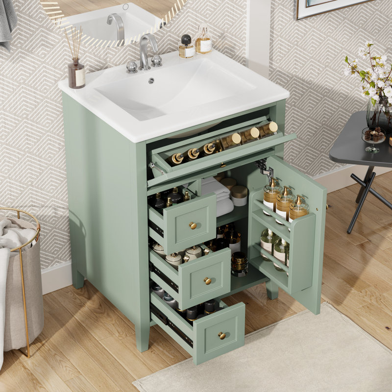 Meuble-lavabo avec lavabo, 3 tiroirs, 1 armoire et tablette réglable, Vert