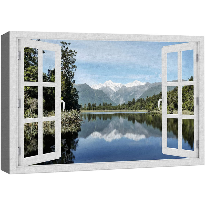 Window Scenery " Summer Mountain Forest Lake ", 48" W x 32" H