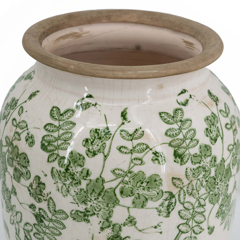 Vase à fleurs en céramique blanche avec motif floral vert, H 11,6 po x l 6,5 po x P 6,5 po
