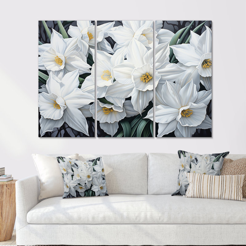 Minimalisme blanc jonquilles I - ensemble d'art mural jonquilles, H 28 po x l 36 po x P 1 po