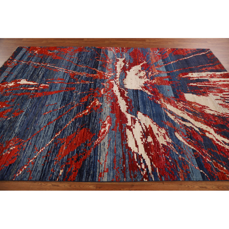 Tapis bleu marine en laine noué à la main de conception unique 6 pi 8 po x 9 pi 5 po New Age