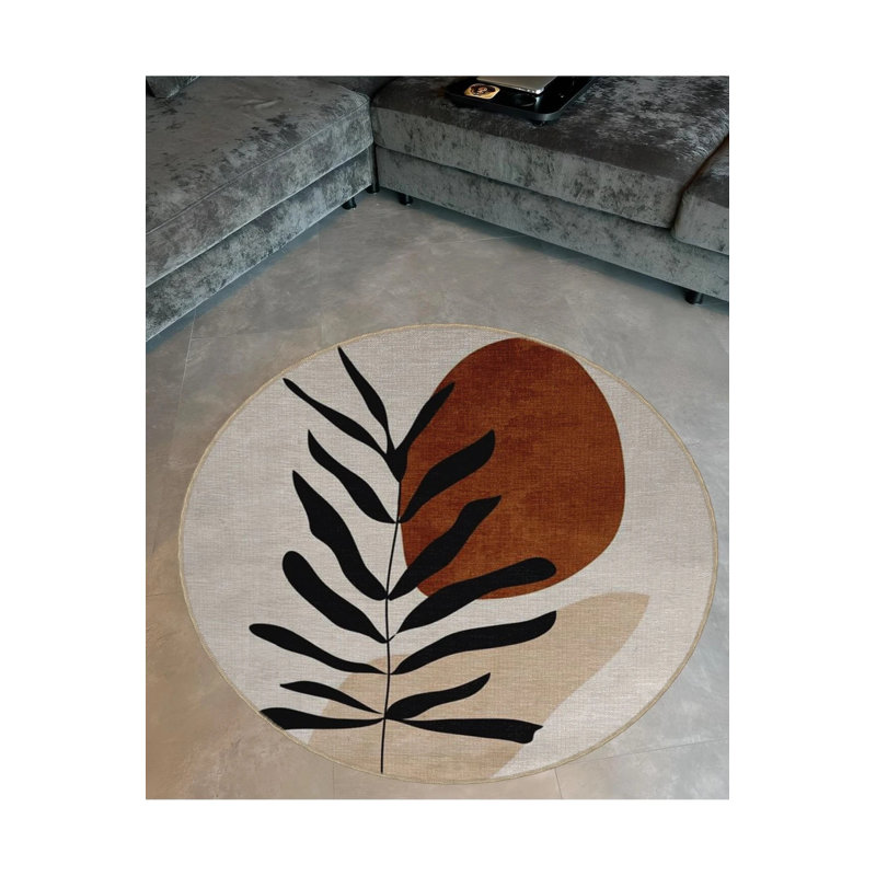 Beige Themed Abstract Plant And Leaf Patterned Round Woven Base Modern Decorative Carpet, Round 2'8"