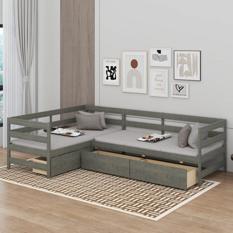 Lit plateforme simple avec tiroirs, Gris