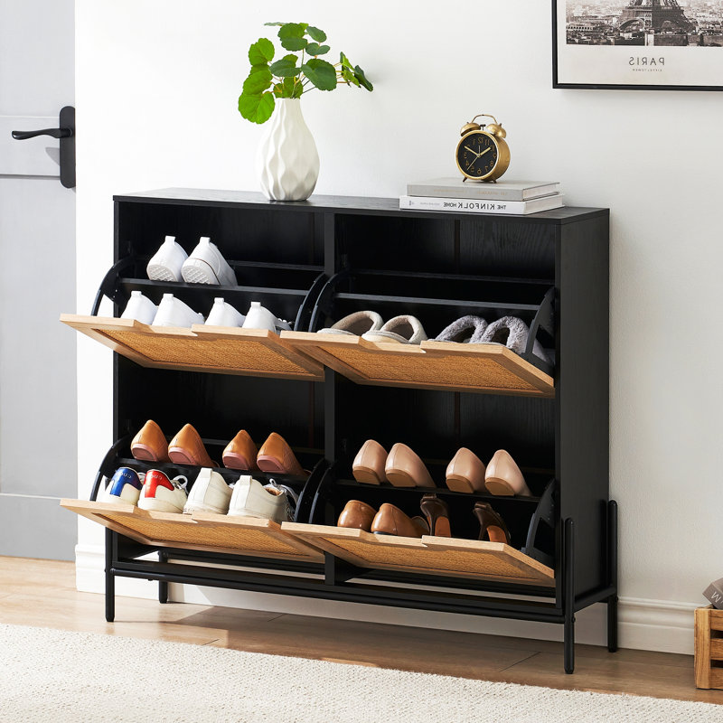Range-chaussures en rotin à 4 portes rabattables, Noir