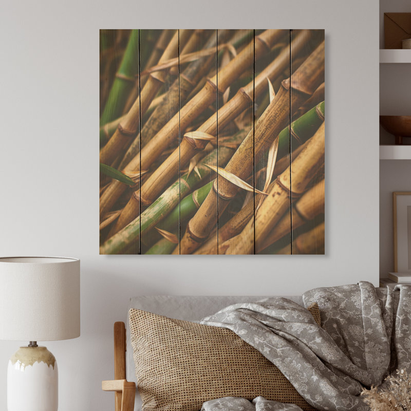 Bamboo Field Close Up I - Art mural en bois de bambou sur bois de pin naturel, H 30 po x l 30 po