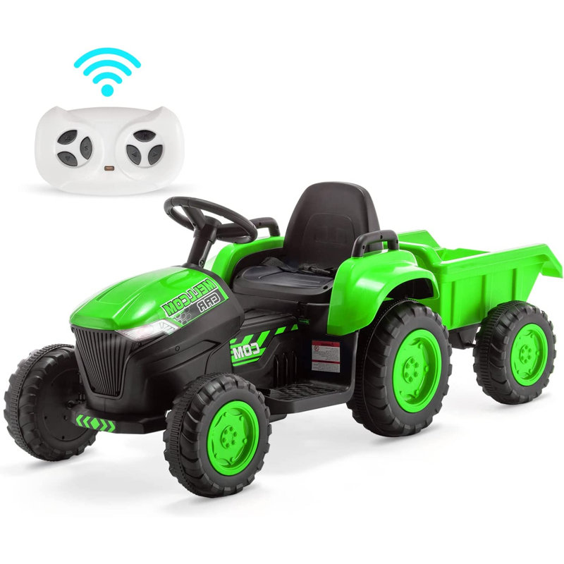 Green 12V Kids Ride-On Tractor with Remote Control and Trailer