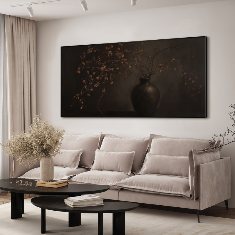 Très grand art mural imprimé sur toile - Nature morte botanique foncée avec vase brun et branches séchées, œuvre d'art pour le salon ou la chambre à coucher