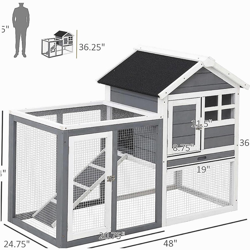 Cage à lapins spacieuse pour animaux de compagnie, en bois résistant aux intempéries, Gris / Blanc