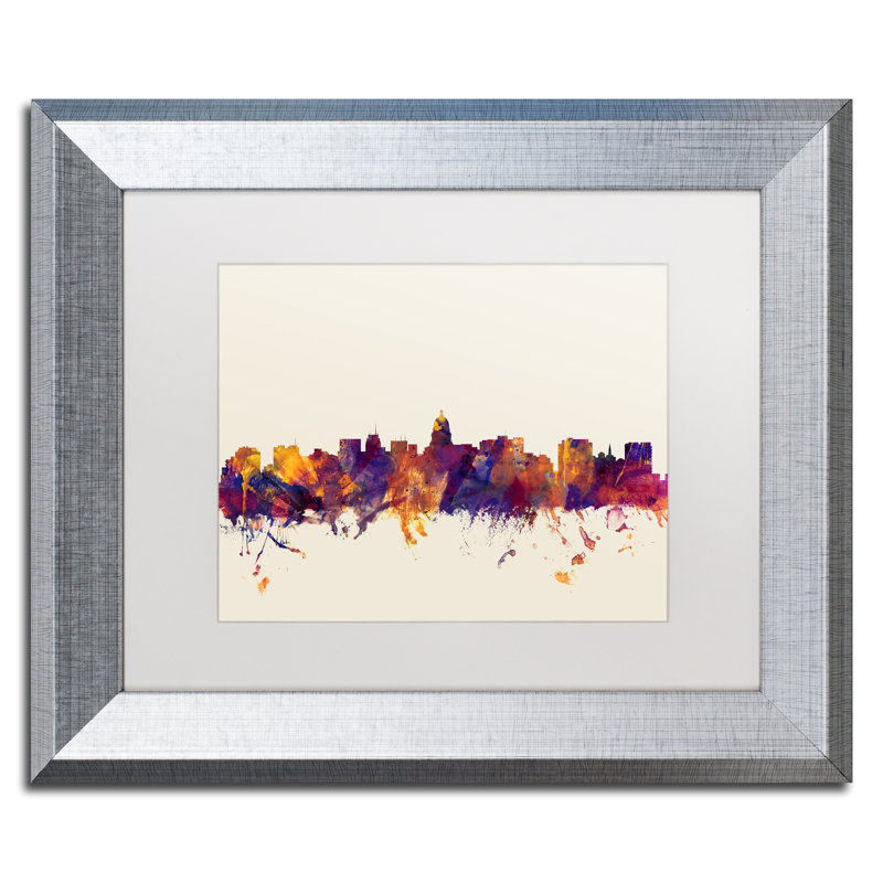 «Madison WI Skyline» par Michael Tompsett, impression sur toile encadrée, H 11 po x l 14 po x P 0,5 po, Noir, Cadre argenté