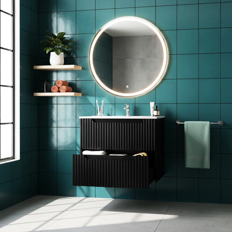 Meuble-lavabo suspendu de 61 cm (24 po), fixé au mur avec lavabo, noir, système de fermeture amortie, design épuré et spacieux, tiroirs, rangement pour articles de toilette et serviettes, style contemporain