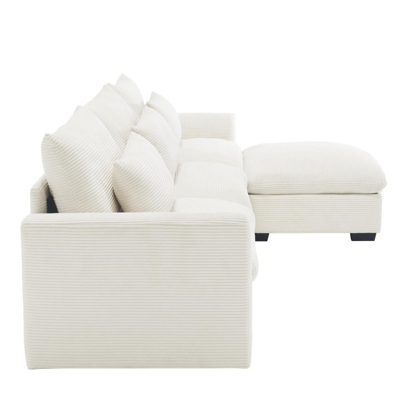 Sectional Sofa L Shaped Couch with Storage Footstool and 3 Pillow, Beige Corduroy, 34.6" H x 122" W x 33.8" D