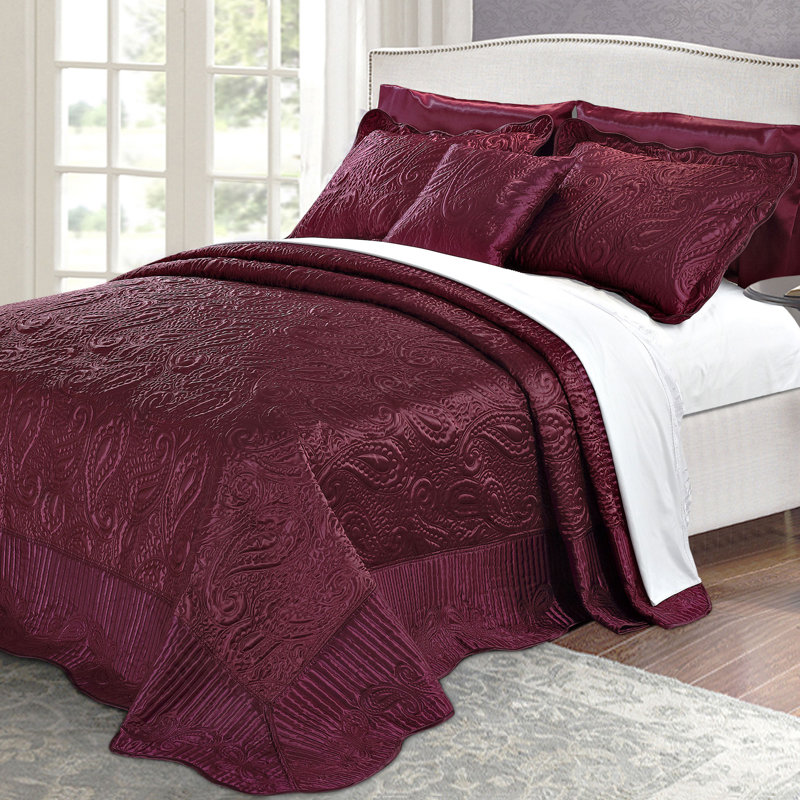 4 Piece Quilted Satin Bedspread Set, Burgundy, King Quilt + 2 King Shams + Throw Pillow