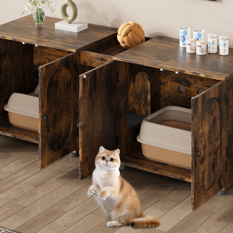 Enceinte de litière double pour 2 chats, armoire de toilette cachée pour chat avec portes doubles, table de rangement latérale multifonctionnelle ventilée
