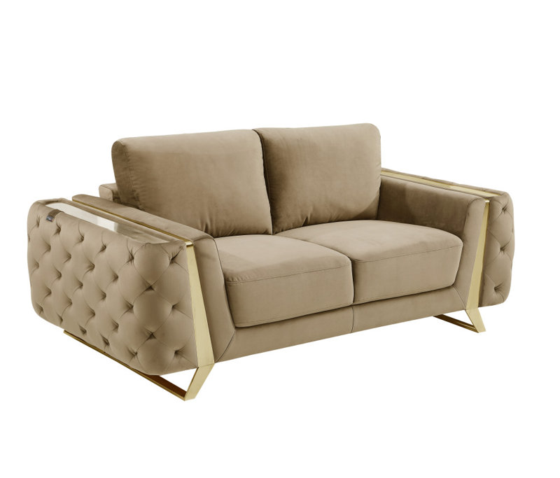 Causeuse en velours beige et doré 72 po Gracie Mills