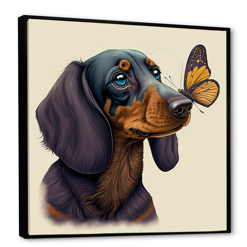Caricature de bachshund avec papillon - reproduction sur toile, H 16 po x l 16 po x P 1 po, Toile avec cadre flottant noir