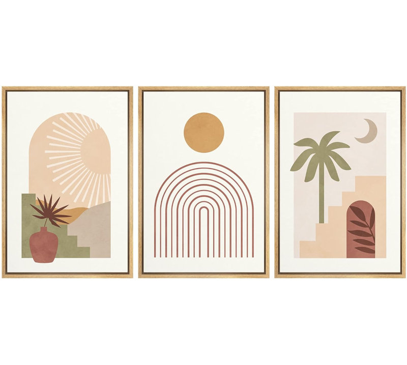 Bohemian-style Plants " Boho Mid-Century Tropical Desert Architecture Abstract Illustrations Modern Art Landscape Colourful " 3 - Pieces