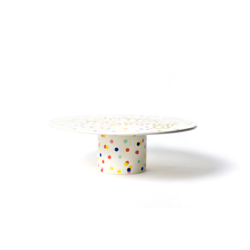 White Ceramic Cake Stand with Colorful Dots, 14in Diameter