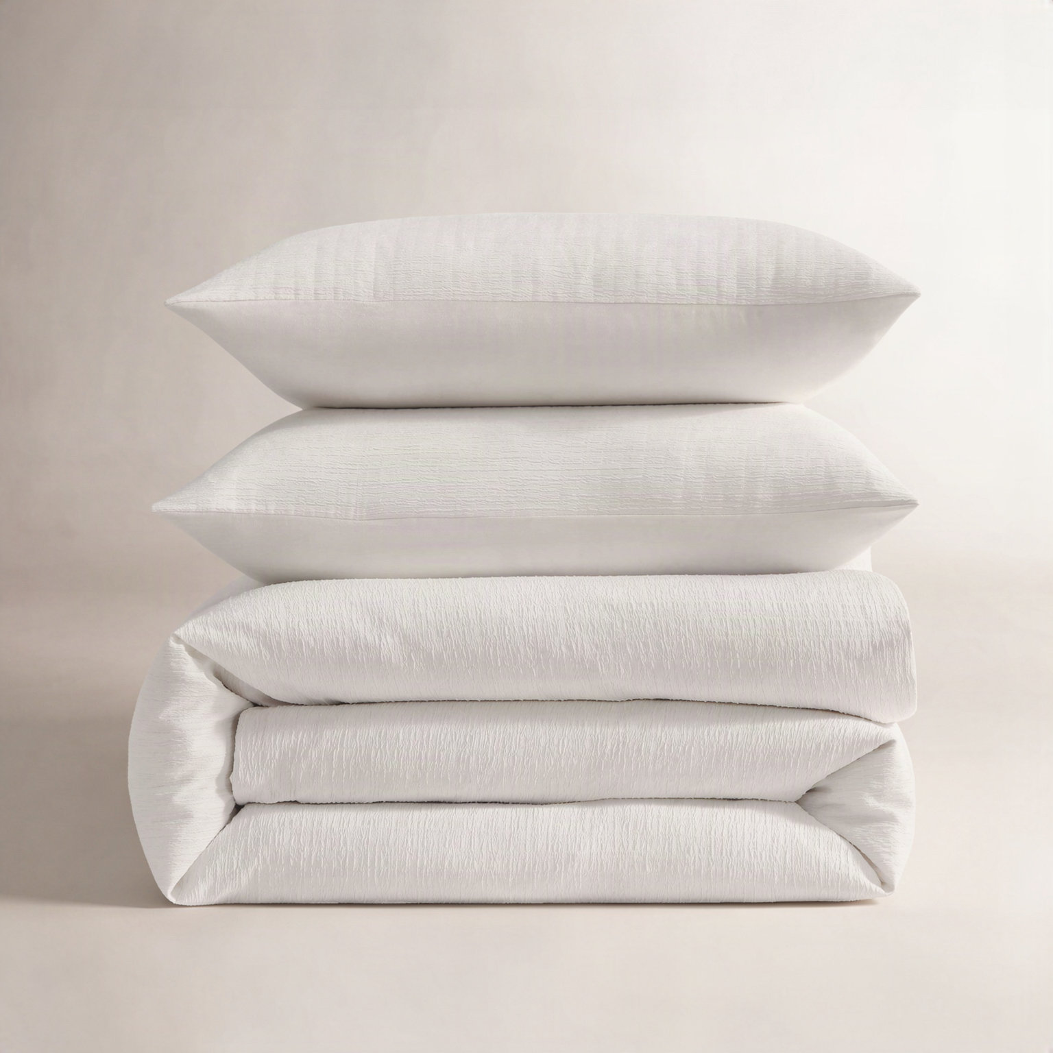 Crinkle Solid White Duvet Cover Set, King Duvet Cover + 2 King Shams