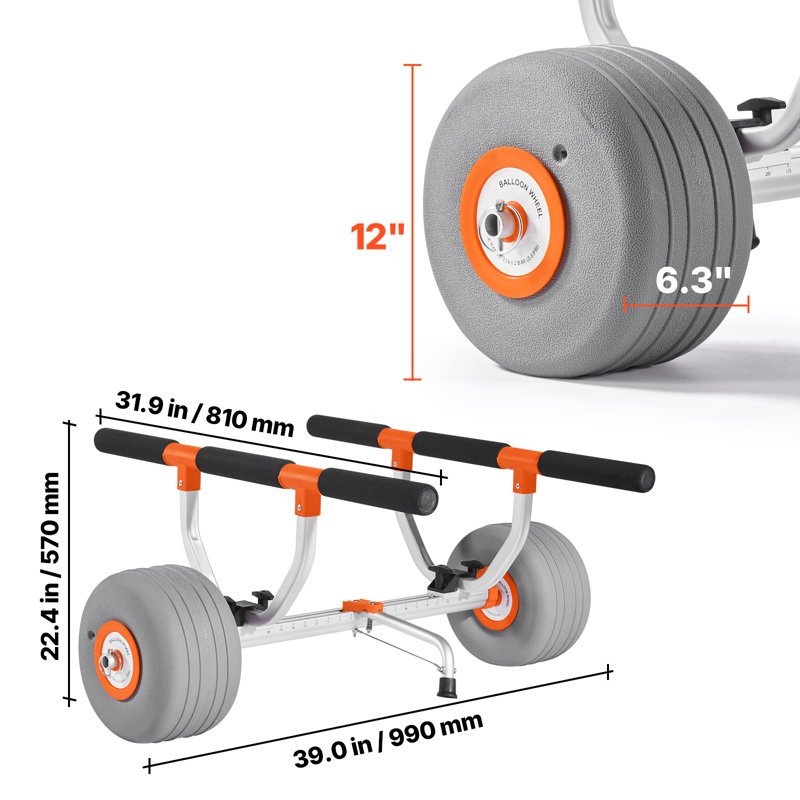 Chariot de kayak, capacité de charge de 350 lb, chariot de kayak avec pneus en polyuréthane gonflable de 12 pouces et 2 sangles, se monte et se démonte en quelques secondes, chariot à planche à pagaie pour transporter des kayaks et des canots
