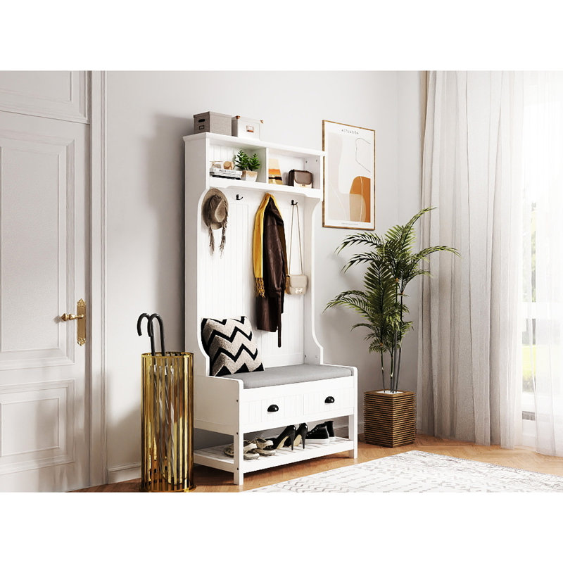 Hallway Hall Tree With 2 Storage Drawers And 4 Coat Hooks, Padded Linen Seat Cushion Top Shelf, White Wooden Entryway Shoe Rack Bench Cushioned Shelf