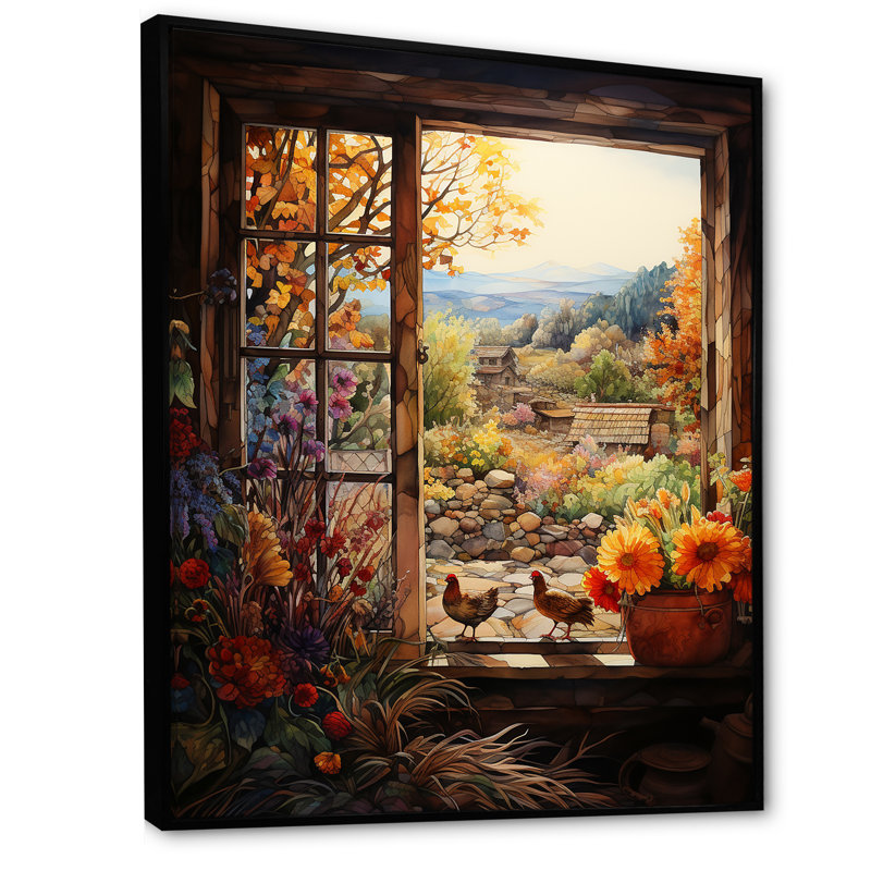 «Brown Farmhouse Window Blooms In Summer II», art mural fenêtres de ferme, Cadre flottant noir, H 32 po x l 24 po x P 1 po