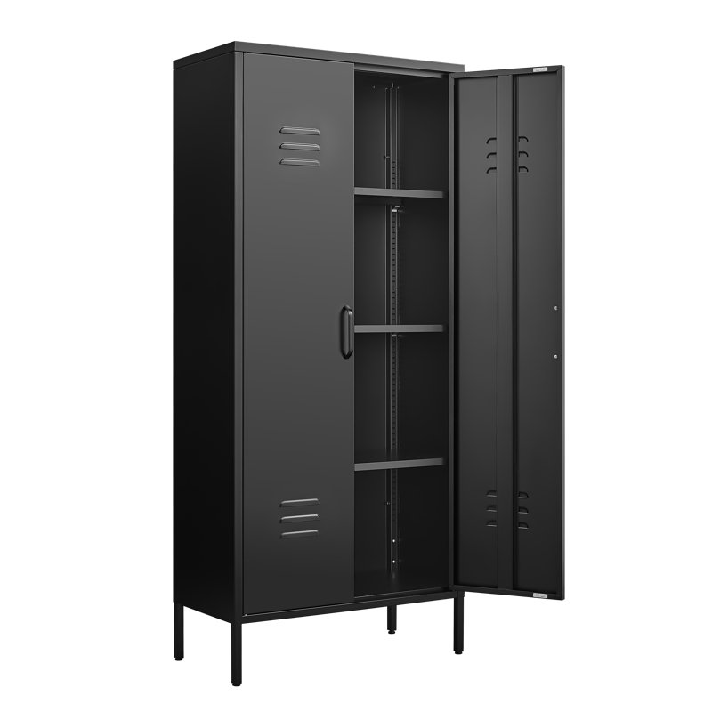 Freestanding Metal Storage Locker Cabinet with Adjustable Shelving and Ventilated Doors, Black