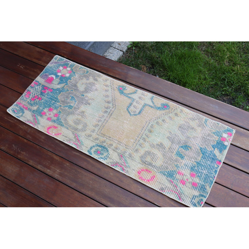 Tapis vert en laine noué à la main pour portes et petits espaces avec un style turc rétro et un charme bohème