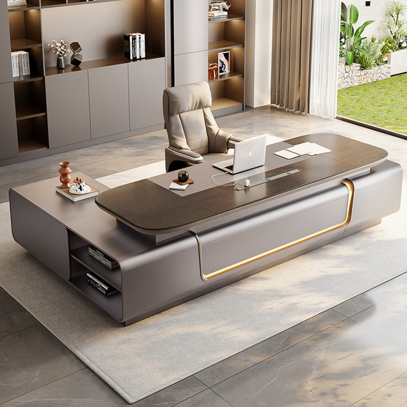 Bureau double caisson en L 110,23 "moderne et minimaliste avec plateau en panneau de fibres à densité moyenne épaissi incurvé, armoire latérale en panneau de particules, avec lumière ambiante, verrou d'empreinte digitale et douille de rail, bureau d